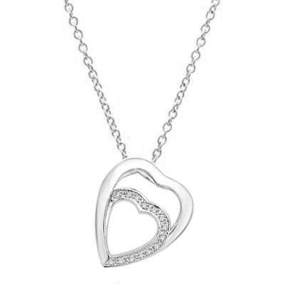 Platinum Plated Sterling Silver pendant with two hearts as one. The larger heart gleams protectingly. The smaller heart nestled lovingly inside flutters with a beautifully bedecked melee of Diamond Essence masterpieces.