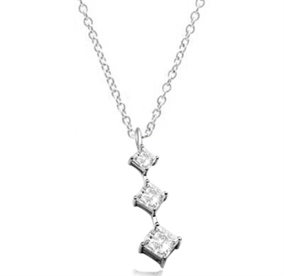 Princess cut Diamond Essence stones set graduating from small to large in Platinum Plated Sterling Silver, 2.5 cts.t.w. Silver Chain included.