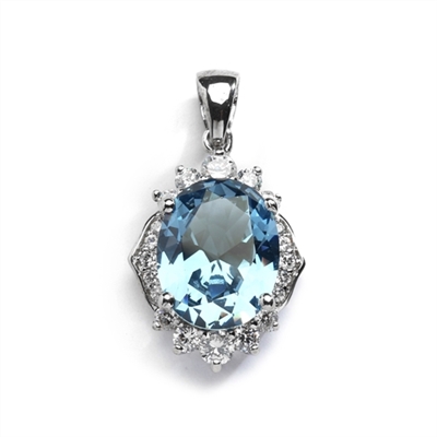 Platinum plated silver pendant-melee,aquamarine&round stone