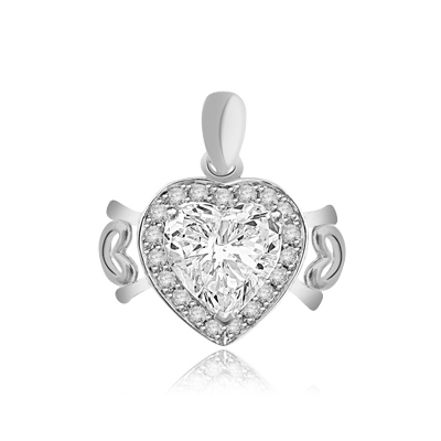 Beautiful Heart Pendant, showing off 4 carat Heart cut Diamond Essence stone set in prong setting, surrounded by round brilliant stones and 2 small hearts on either side. 5.0 cts.t.w. in Platinum Plated Sterling Silver.