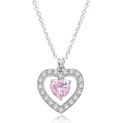 Three carat heart shape Pink Essence stone in prong setting, is surrounded by round brilliant Diamond Essence stones, making another heart. 4.0 cts.t.w. in Platinum Plated Sterling Silver.