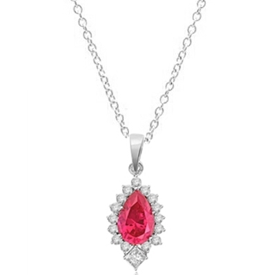 Prong Set Pendant with Simulated Pear Cut Ruby Center, Brilliant Melee and Princess Cut Diamonds by Diamond Essence set in Sterling Silver