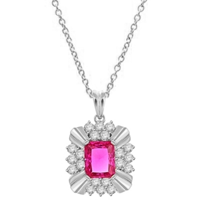 Diamond Essence 4 carat Ruby Emerald cut stone supported by silver bars on four corners and group of five round brilliant stones on each side. 6 cts.t.w. set in Platinum Plated Sterling Silver.