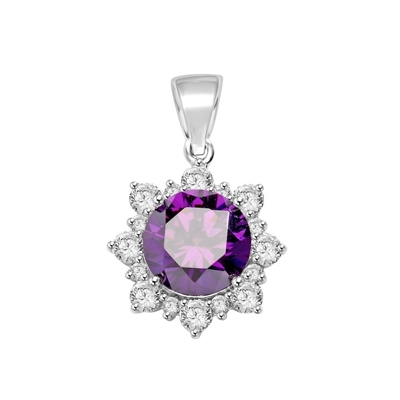 Designer Pendant with Round Amethyst Essence in center surrounded by Round Brilliant Diamond Essence and Melee. 4.5 Cts. T.W. set in Platinum Plated Sterling Silver.