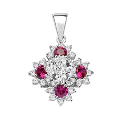 Designer Pendant with Asscher cut Diamond Essence in center surrounded by Floral designs created with Round Ruby Essence and Melee. 6.0 Cts. T.W. set in Platinum Plated Sterling Silver.