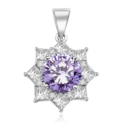 Pendant with 3.50 Cts. Round Lavender Essence in center surrounded by Princess Cut Diamond Essence and Melee. 6.50 Cts. T.W. set in Platinum Plated Sterling Silver.