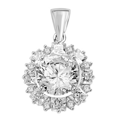 Designer Pendant with 4.0 Cts Round Brilliant Diamond Essence in center surrounded by alternately set in Princess and Melee. 7.25 Cts T.W. in Platinum Plated Sterling Silver.

Free Silver Chain Included.