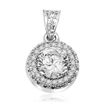 Pendant with Round Brilliant Diamond Essence in Center, surrounded by Melee 1.25 Cts T.W. set in Platinum Plated Sterling Silver.