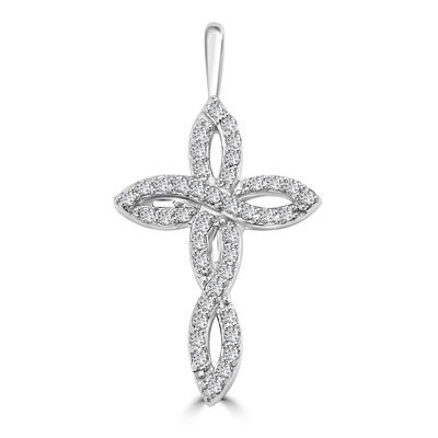 Diamond Essence 1" long Cross Pendant with delicate interwined design, 0.60 ct.t.w. in 14K Solid White Gold.