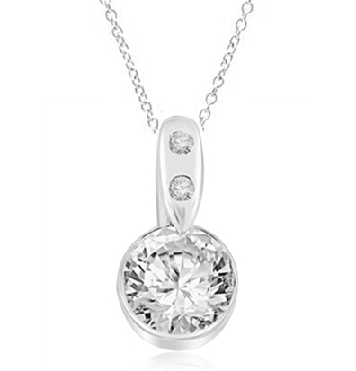 Diamond Essence 2.0 carat round brilliant stone set in bezel setting of Platinum Plated Sterling Silver. Chain not included.