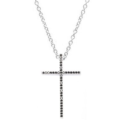 Diamond Essence Cross Pendant with Round Black Onyx Stones in Platinum Plated Sterling Silver.