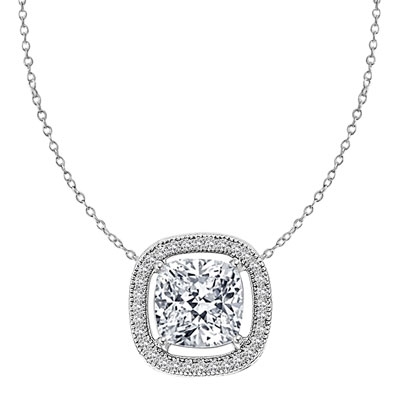 Diamond Essence Slide Pendant with 2.0ct. Cushion Cut Stone in center surrounded by round stones in Platinum Plated Sterling Silver.