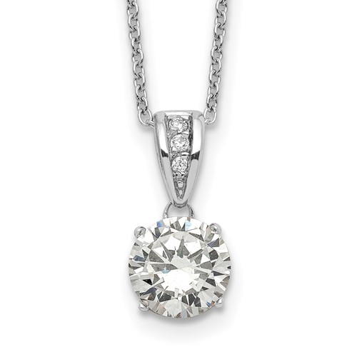 Diamond Essence 2.0 carat round brilliant stone set in prong setting of Platinum Plated Sterling Silver. Chain included.