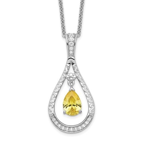 An exquisite prong-set designer teardrop pendant for women with pear cut citrine essence and round brilliant Diamonds by Diamond Essence set in platinum-plated sterling silver. 1.10 Cts.t.w.