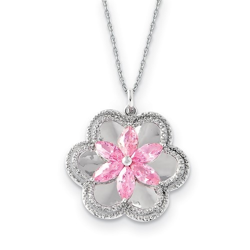 A prong set floral pendant for women with simulated pink marquise and brilliant melee diamonds by Diamond Essence set in platinum plated sterling silver. 2.0 Cts.t.w.
6 pink marquise stones & melee.