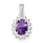 Platinum Plated Sterling Silver Diamond Essence Pendant With Amethyst Essence Oval Cut Center Surrounded By Round Brilliant Melee, 3 Cts.T.W.