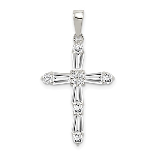 Beautiful designer cross pendant with Diamond Essence tapered baguettes and round stones, 2.0 cts.t.w. set in Platinum Plated Sterling silver.
Free silver chain included.