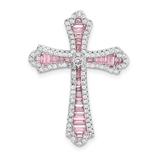 Prong Set Designer Cross Pendant With Diamond Essence Stones Set In Platinum Plated Sterling Silver