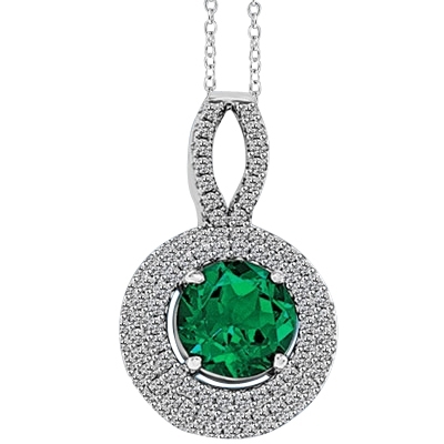 Diamond Essence Pendant with Chain, 2.0 Cts. Round cut Emerald Essence set in center surrounded by sparkling Melee, 3.5 Cts. T.W. set in Platinum Plated Sterling Silver.
