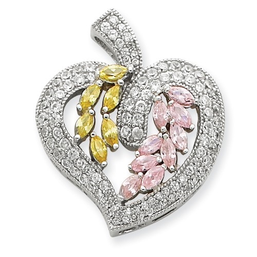 Diamond Essence Beautiful Designer Heart Pendant, with Yellow Sapphire and Pink Sapphire marquise stones, and Round Brilliant Melee set artistically in Platinum Plated Sterling Silver, 2.0 Cts.T.W.