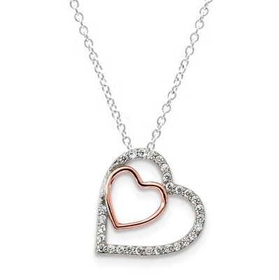 Diamond Essence Two-Tone Heart In Heart Pendant With Beautifully Channel Set Round Brilliant Stones, 1 Ct.T.W. In Platinum Plated Sterling Silver.