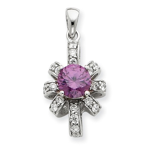 Diamond Essence Designer Pendant with 0.75 Ct. round Amethyst Essence center and Brilliant melee in artistic setting, 1.0 Ct.t.w.in Platinum Plated Sterling Silver.