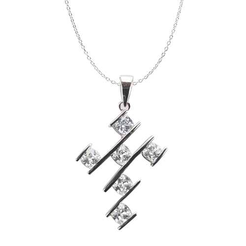 Diamond Essence Cross Pendant With Cushion Cut Stone In Bar Setting,3 Cts.T.W In Platinum Plated Sterling Silver.
&#8203;Approx Size Of Pendant Is 33mm Length And 21.50mm Width.