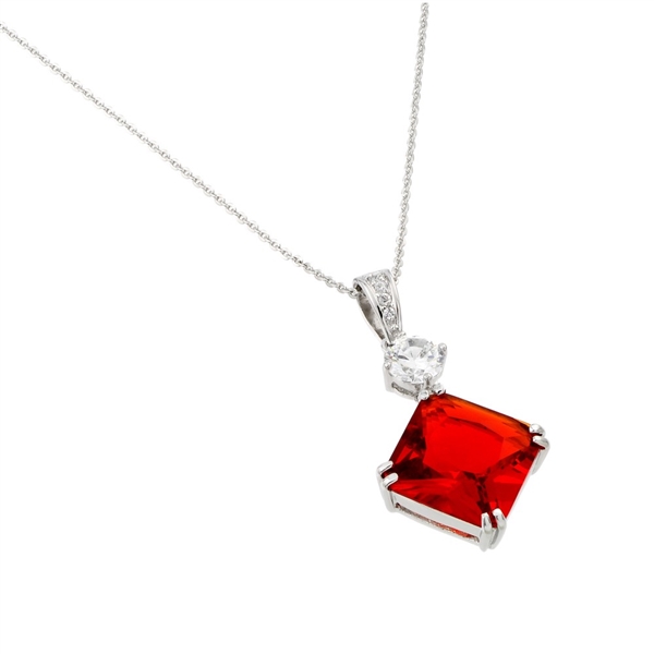 Prong Set Designer Pendant of Ruby Princess Cut by Diamond Essence set in Platinum Plated Sterling Silver.