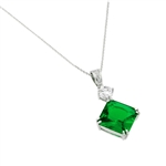 Prong Set Designer Pendant of Emerald Princess Cut by Diamond Essence set in Platinum Plated Sterling Silver.