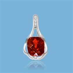 Diamond Essence Designer Pendant with 5.0 Cts. Rectangular Cushion cut Garnet, accompanied by Diamond Essence Melee set in Platinum Plated Sterling Silver.