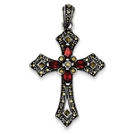 Sterling Silver Cross Pendant with Diamond Essence Marquise cut Red Stones & Marcasite.