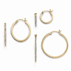 Diamond Essence Gold Plated Hoop Earrings with wire and clutch closing, set of  three. 0.30 cts.t.w.