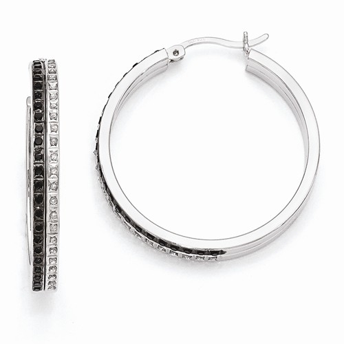 Diamond Essence, Platinum Plated Sterling Silver Black & White Diamond Hoop Earrings, 1.20 cts.t.w.