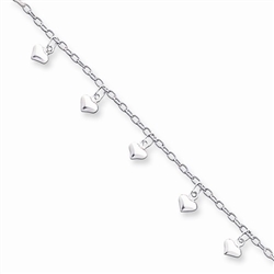 Sterling Silver 9inch Polished Puffed Heart Anklet