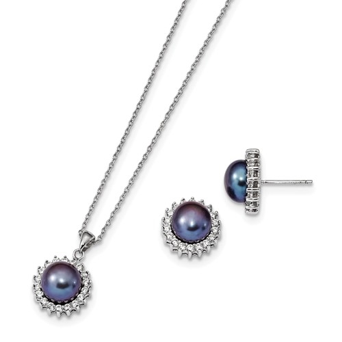 Diamond Essence Melee And Fresh Water Cultured Black pearl Earring Pendant set, 3.0 Cts.t.w. set in Platinum Plated Sterling Silver.