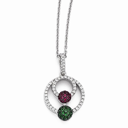 Diamond Essence, Ruby Essence and Emerald Essence melee set in artistic pave setting. Pendant with 18" chain, 2.5 Cts.T.W. in Platinum Plated Sterling Silver.