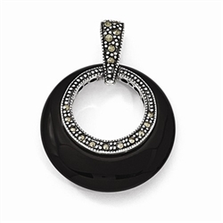 Diamond Essence Sterling Silver Onyx & Marcasite Circle Slide, 30mm length and 40mm width.