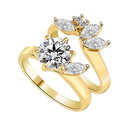Diamond Essence Wedding set with 2.0 Cts. Round Brilliant in center and Marquise on band with melee, 3.0 Cts. T.W. set in 14k Gold Vermeil.
