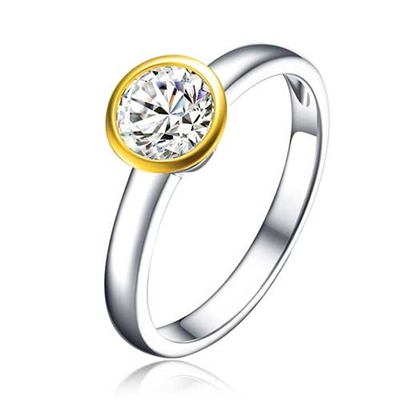 Diamond Essence Two Tone Solitaire Ring With 1 Ct. Round Brilliant Stone In Platinum Plated Sterling Silver.