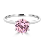 2.0 carat Pink Round Brilliant stone set in, Platinum Plated Sterling Silver, a perfect solitaire ring. ( Image in Yellow but Product in Platinum Plated Sterling Silver)