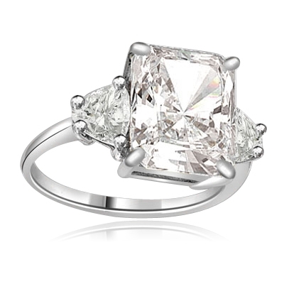 Diamond Essence emerald-cut brilliant stone of 5.0 cts. setting with trilliant baguette on each side. 6 cts.T.W. set in Platinum Plated Sterling Silver.