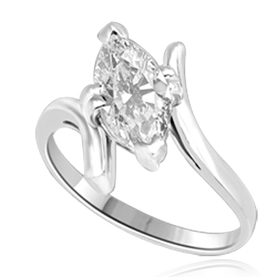 Solitaire Ring with artistically set Diamond Essence Marquise  in prong setting. 1.5 Cts. T.W. set in Platinum Plated Sterling Silver.