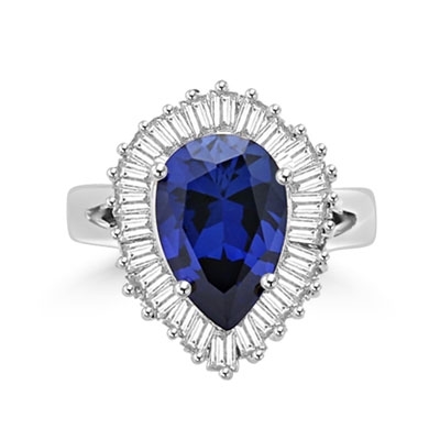Ballerina Ring- 3.0 Carats Sapphire Essence Pear surrounded by pirouetting smaller jewels. Will have them on their toes-and you calling the tune, 3.8 cts t.w. in Platinum Plated Sterling Silver.