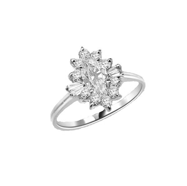 Honeysuckle Rose - 1 Ct. Marquise Cut Center stone with Baguettes and Round Accent Masterpieces. 1.3 Cts. T.W. in Platinum Plated Sterling Silver.
