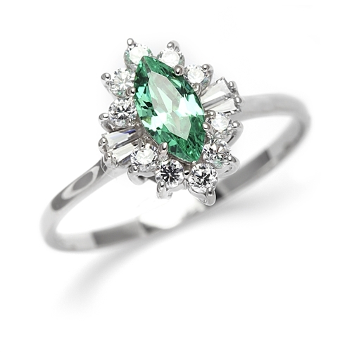 Honeysuckle Rose - 1 Ct. Marquise Cut Emerald Essence Center stone with Baguettes and Round Accent Masterpieces. 1.3 Cts. T.W. set in Platinum Plated Sterling Silver.