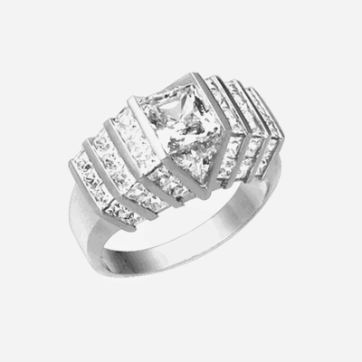 Platinum Plated Sterling Silver ring with 2.0 cts. center Octrillion stone flanked by beautiful jewels. Stones are cut to fit precisely together with no spaces between them for a stunning solid diamond look.