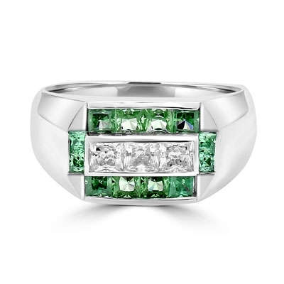 Man's Ring with 0.75 cts., Radiant Square Diamond Essence Center Stones surrounded by 1.0 cts. Princess Cut Emerald Essence, channel set in Platinum Plated Sterling Silver.