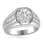 Impressive Man's Ring 2.75 Cts. T.W with 2 Cts. Brilliant White Center and Channel Set accents squiring each side, in Platinum Plated Sterling Silver.