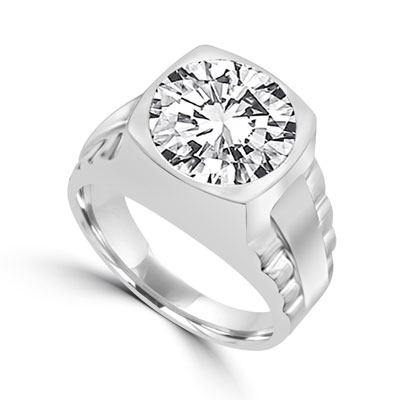 Platinum Plated Sterling Silver Bezel set man's ring, 5.0 cts. t.w., with massive round cut centerpiece. Big stone, little "rock" for a big mover and shaker, wherever he's from.
