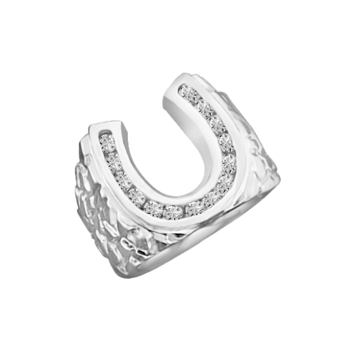 Fall in love with this charming horseshoe design ring with 0.75 Cts. Diamond Essence nuggets set in artistic band set in Platinum Plated Sterling Silver.